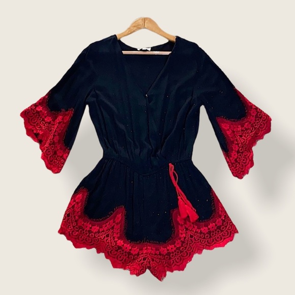 Umgee Pants - Black with red lace romper